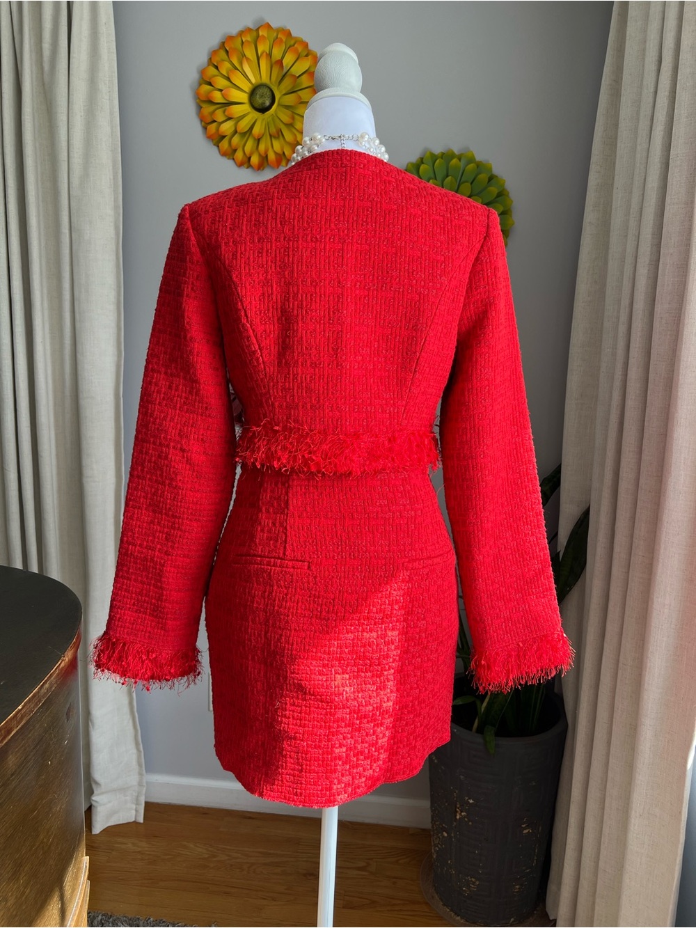 Endless Rose Red Feather Trim Tweed Crop Blazer & Mini Skirt Set Size Small $235 - Picture 8 of 16